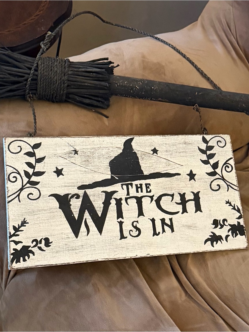 The Witch Is In Wooden Sign - Black & Cream Halloween Decor